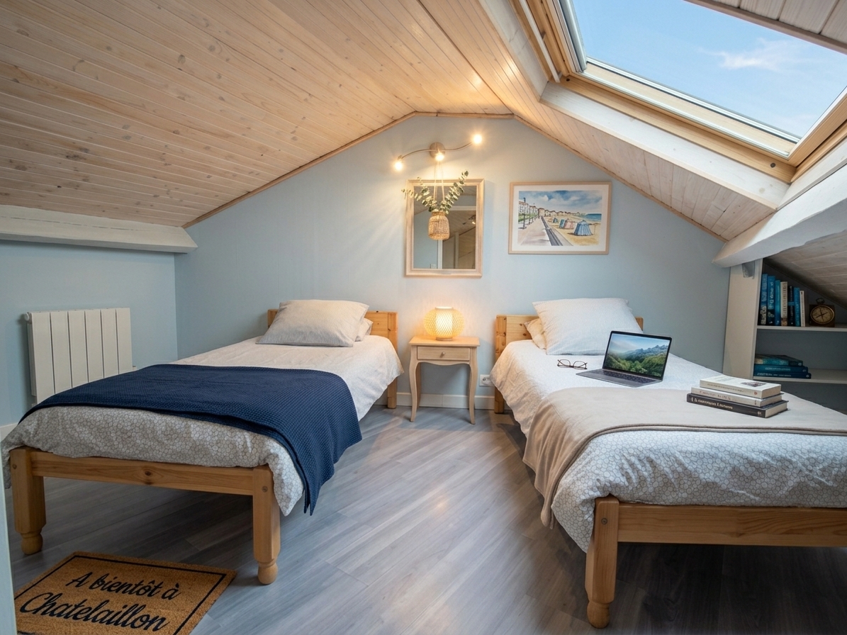 Chambre mansardée à l'étage avec deux lits et velux